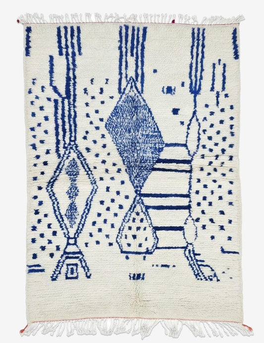 Blue and Ivory Azilal Moroccan Rug - 6.2 x 4.2 ft / 190 x 130 cm