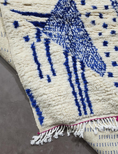 Blue and Ivory Azilal Moroccan Rug - 6.2 x 4.2 ft / 190 x 130 cm