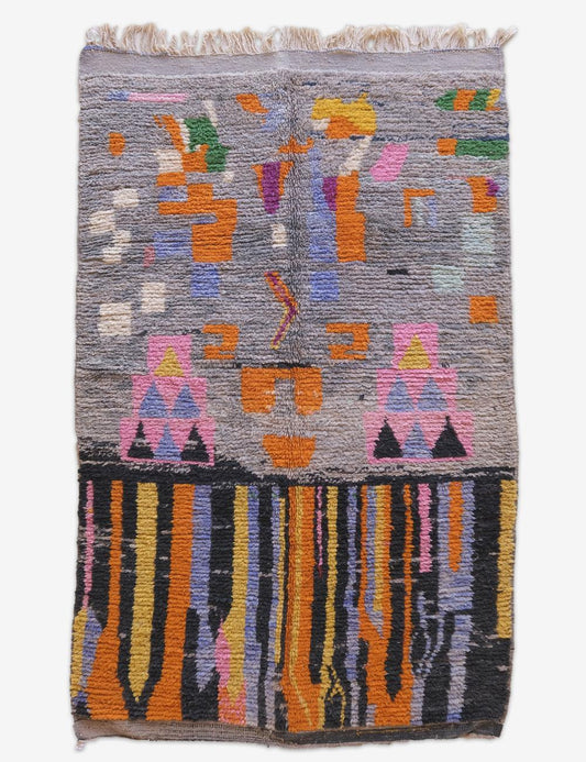 Moroccan Berber Rug in Grey with Colorful Abstract and Striped Patterns 9 x 5.6 ft / 274 x 172 cm