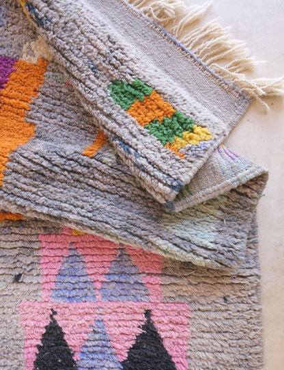 Moroccan Berber Rug in Grey with Colorful Abstract and Striped Patterns 9 x 5.6 ft / 274 x 172 cm - Surcoma