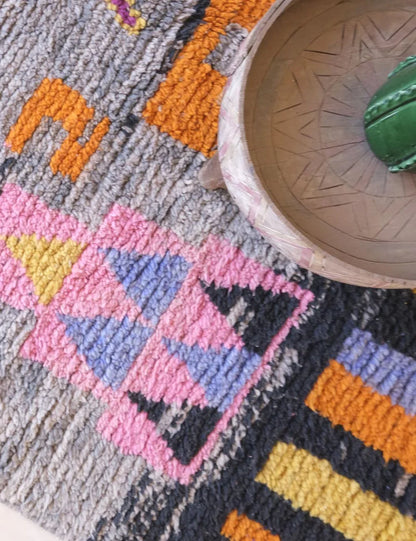Moroccan Berber Rug in Grey with Colorful Abstract and Striped Patterns 9 x 5.6 ft / 274 x 172 cm - Surcoma