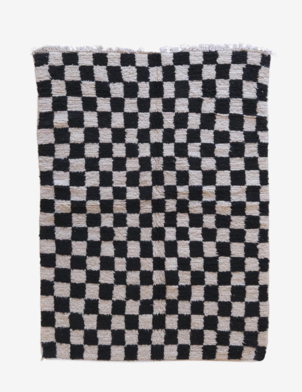 Black Checkered Wool Rug 6.9 x 5 ft / 210 x 153 cm