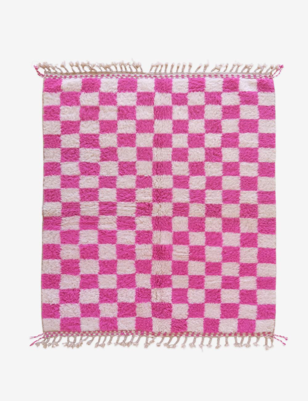 Checkered Neon Hot Pink Wool Rug  6.8 x 5.7 ft / 208 x 176 cm