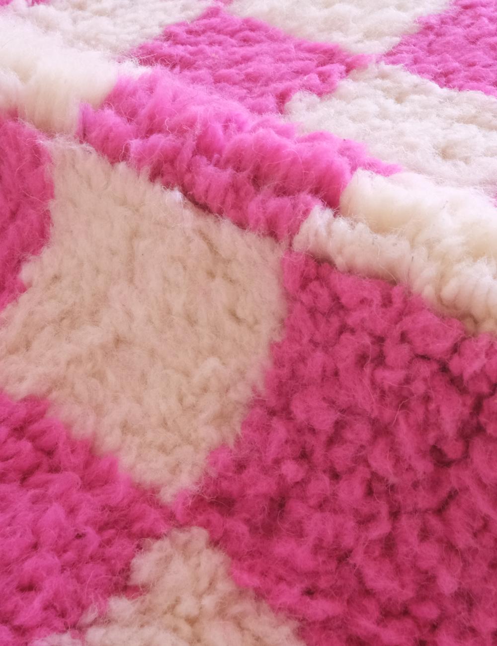 Checkered Neon Hot Pink Wool Rug  6.8 x 5.7 ft / 208 x 176 cm