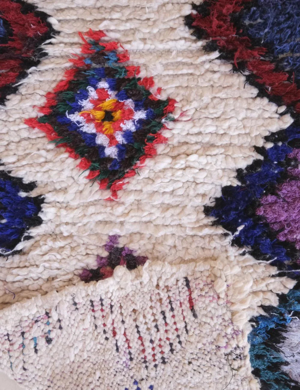 Close-up of a textured fabric with colorful geometric patterns