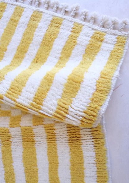 Moroccan Handknotted Yellow Striped Rug 6.8 x 3.3 ft / 206 x 101 cm - Surcoma