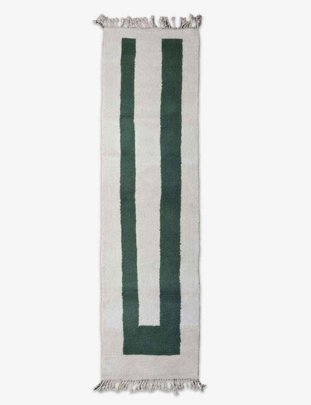 Modern Green Stripe Moroccan Wool Runner 12.1 x 3.15 ft / 370 x 96 cm