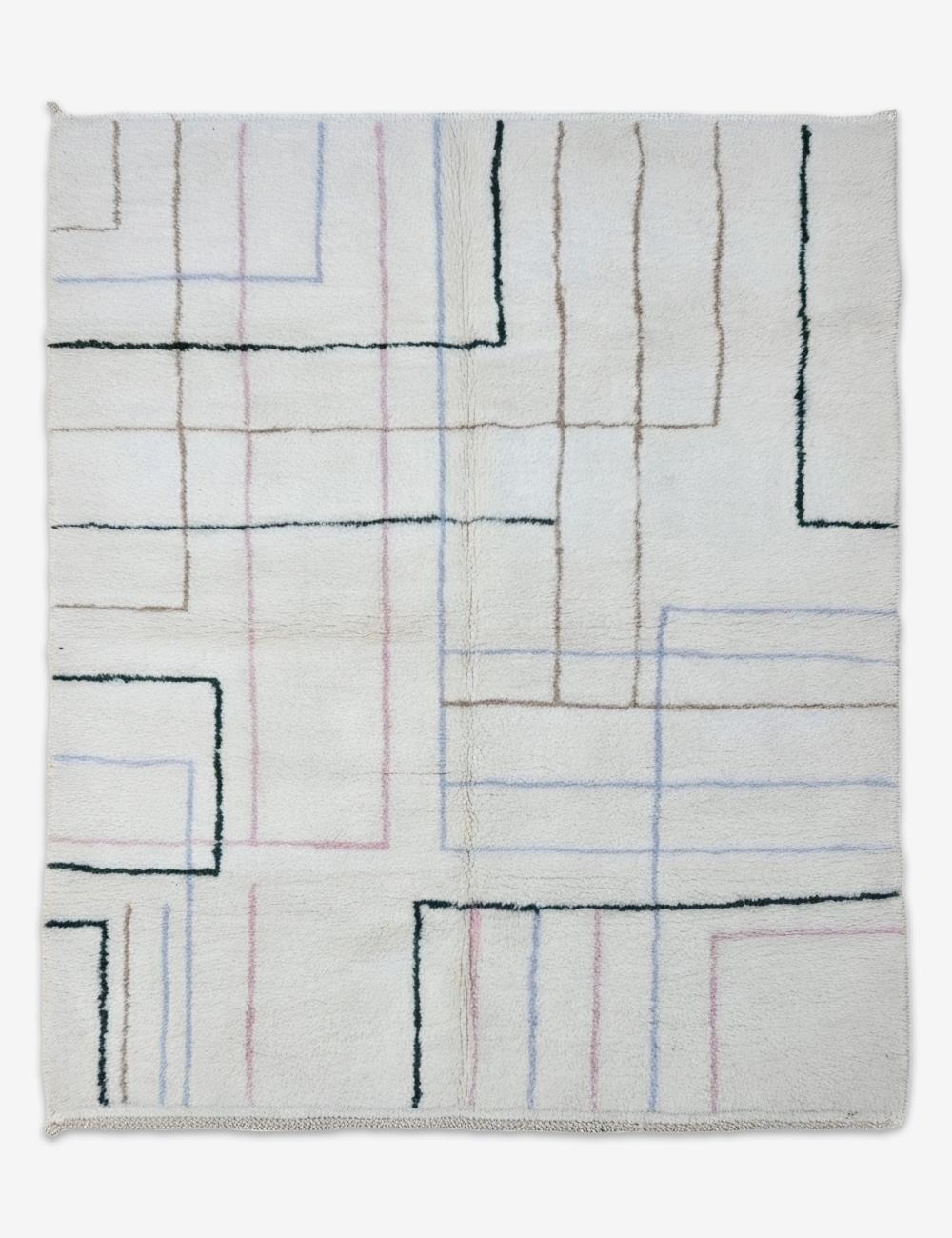 White Fine Line Boujad Area Rug 9.1 x 7.61 ft / 276 x 232 cm