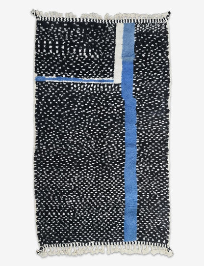 Black Speckled Boujad Rug with Blue Stripe 7.6 x 4.92 ft / 233 x 150 cm