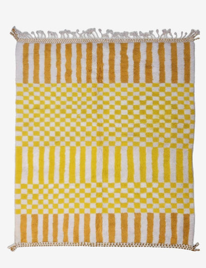 Modern Yellow Stripe and Checkerboard Rug 9.4 x 8.14 ft / 288 x 248 cm