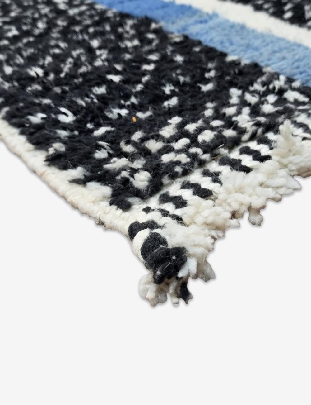 Black Speckled Boujad Rug with Blue Stripe 7.6 x 4.92 ft / 233 x 150 cm