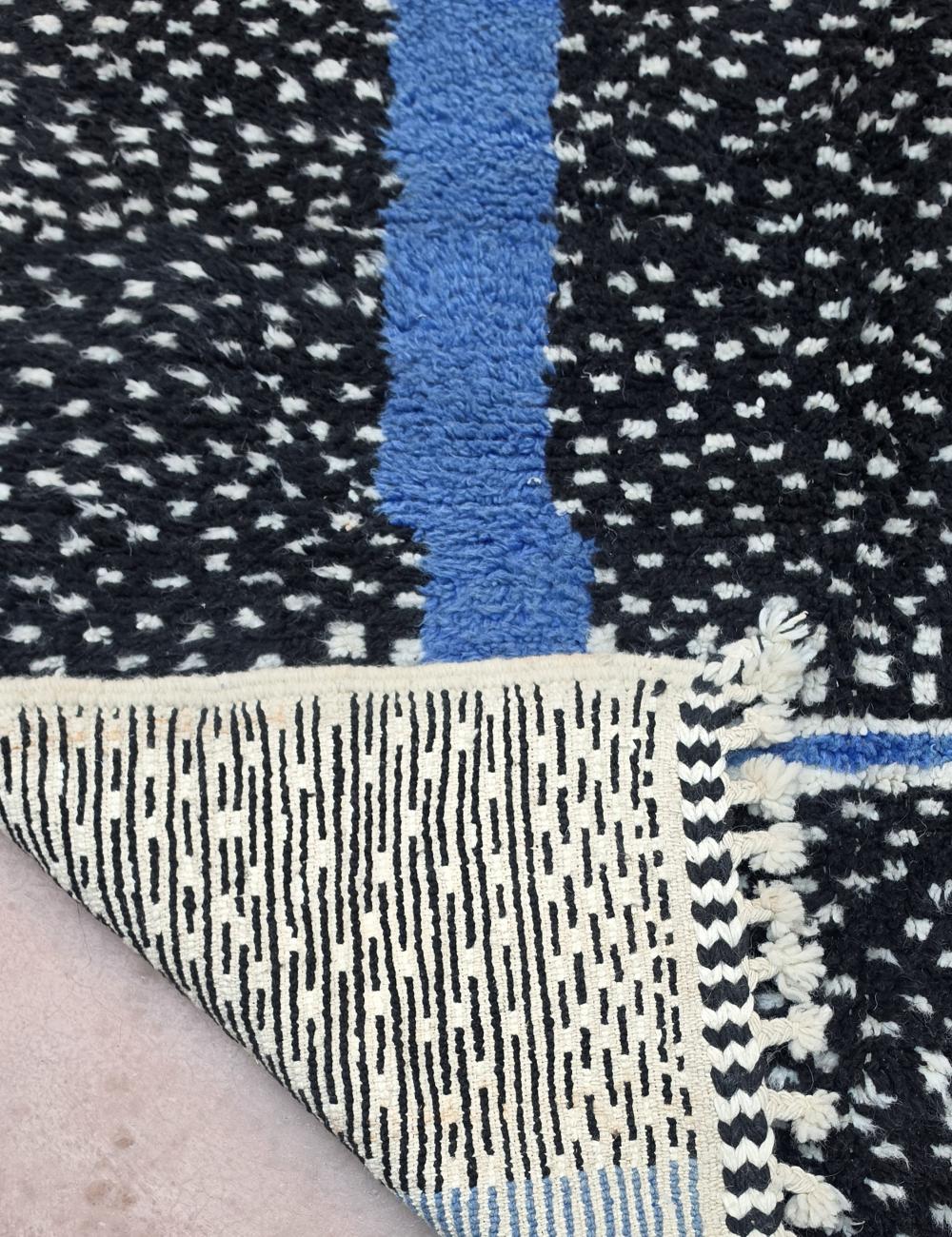 Black Speckled Boujad Rug with Blue Stripe 7.6 x 4.92 ft / 233 x 150 cm