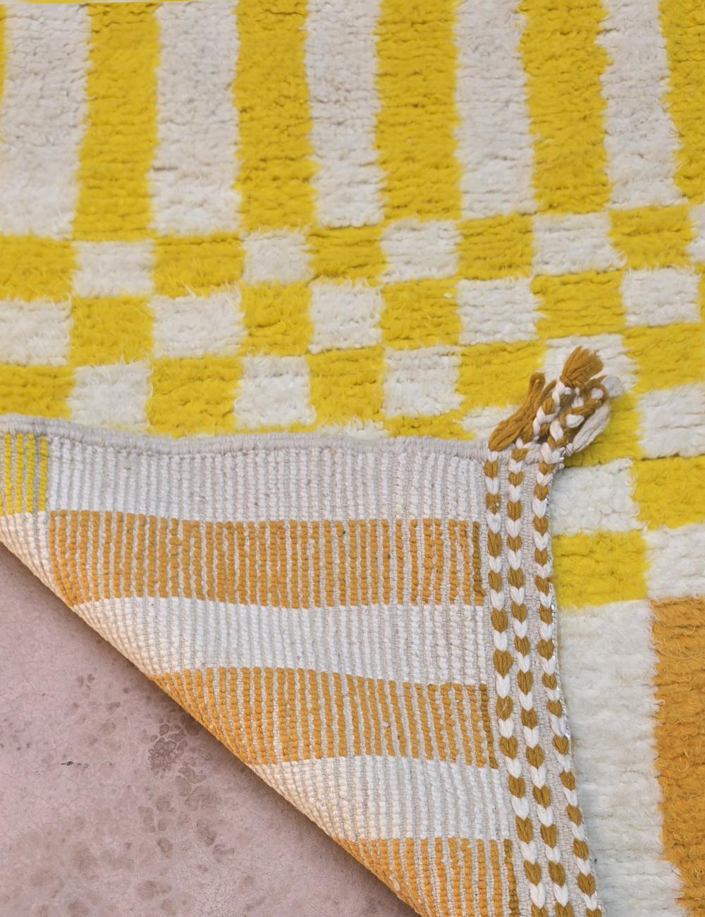 Modern Yellow Stripe and Checkerboard Rug 9.4 x 8.14 ft / 288 x 248 cm
