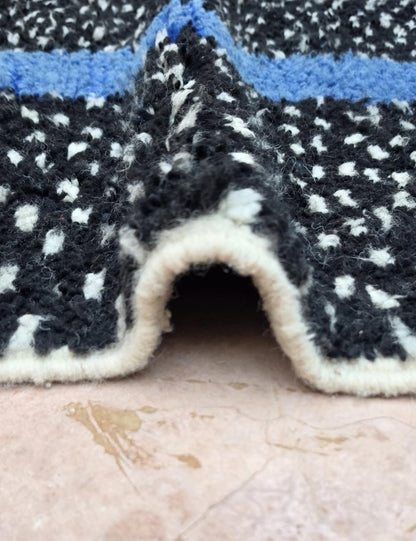 Black Speckled Boujad Rug with Blue Stripe 7.6 x 4.92 ft / 233 x 150 cm