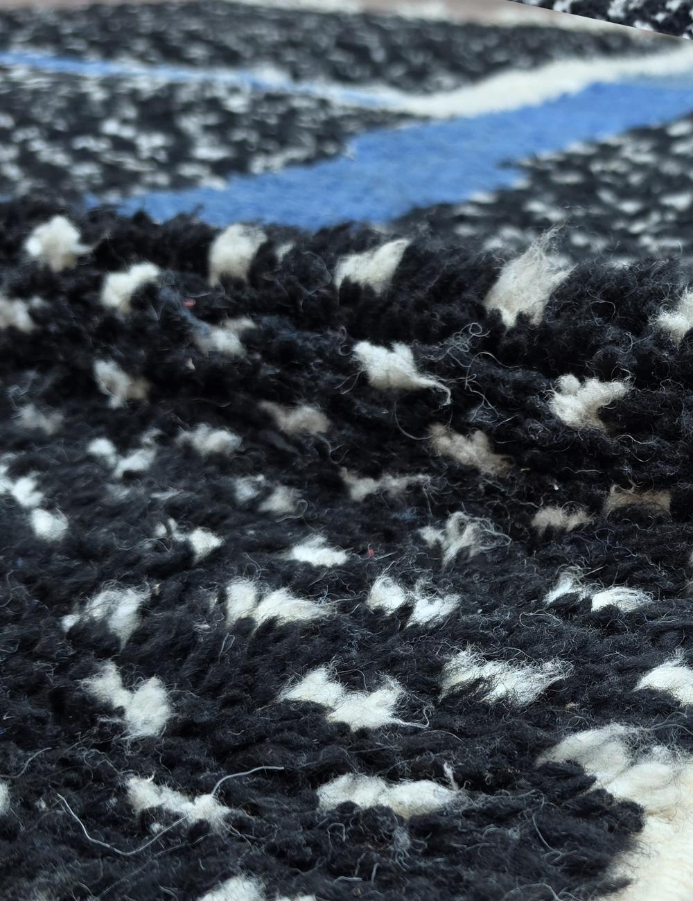 Black Speckled Boujad Rug with Blue Stripe 7.6 x 4.92 ft / 233 x 150 cm