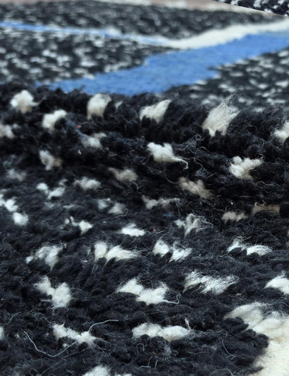 Black Speckled Boujad Rug with Blue Stripe 7.6 x 4.92 ft / 233 x 150 cm