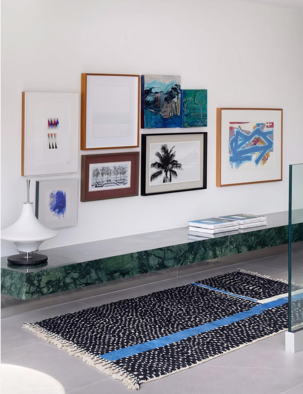 Black Speckled Boujad Rug with Blue Stripe 7.6 x 4.92 ft / 233 x 150 cm