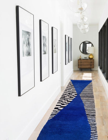 Blue, Black, and White Boujad Runner 11.3 x 3.41 ft / 344 x 104 cm