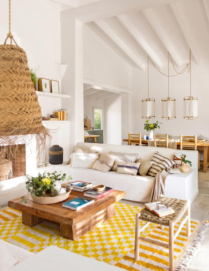 Modern Yellow Stripe and Checkerboard Rug 9.4 x 8.14 ft / 288 x 248 cm