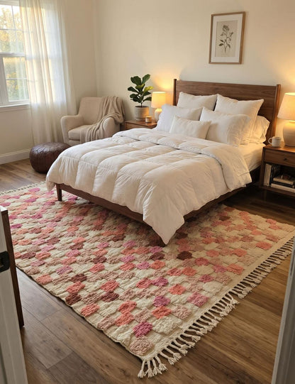 Pink Textured Checkered Rug 9.4 x 8 ft / 287 x 245 cm