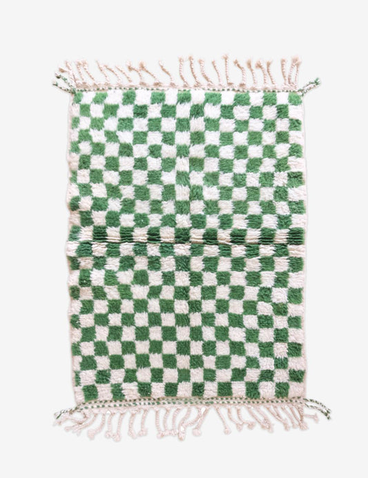 Small Green Checkered Wool Rug 5.1 x 3.5 ft / 156 x 107 cm