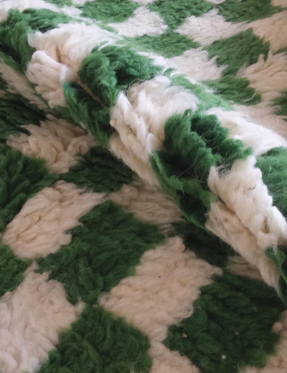 Small Green Checkered Wool Rug 5.1 x 3.5 ft / 156 x 107 cm