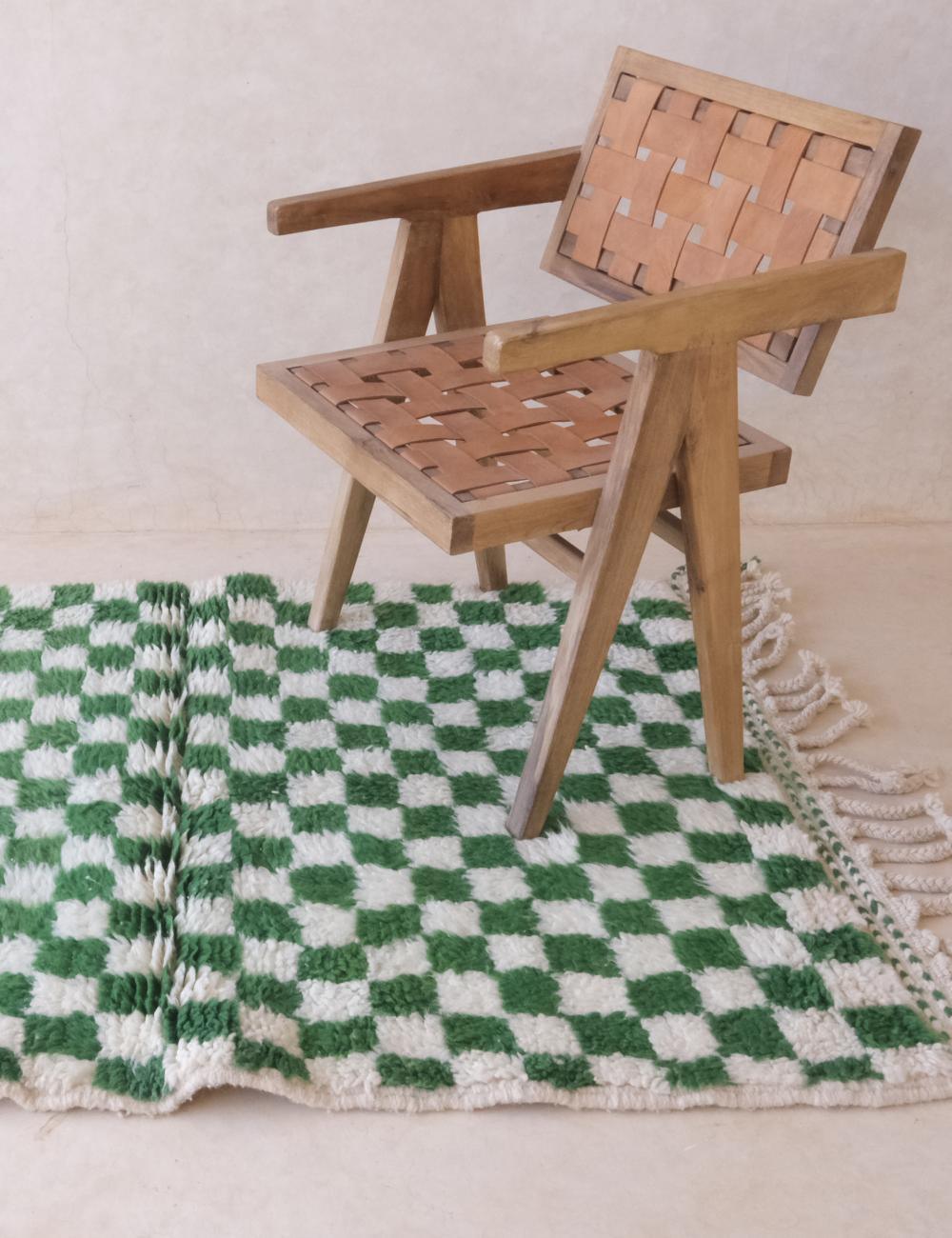 Small Green Checkered Wool Rug 5.1 x 3.5 ft / 156 x 107 cm