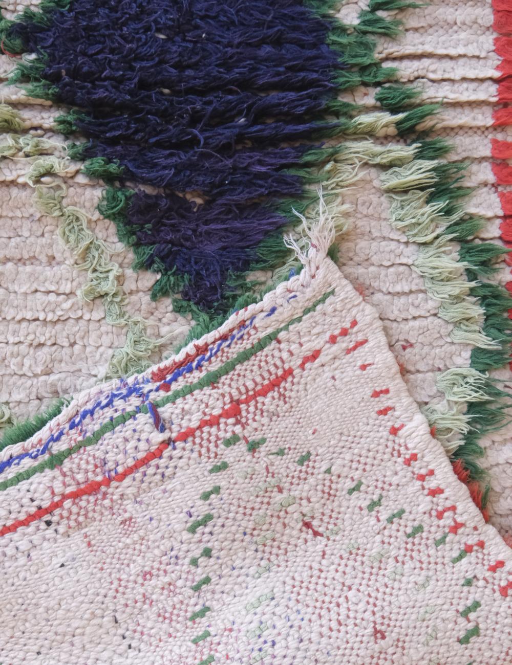 Close-up of a textured fabric with colorful embroidery