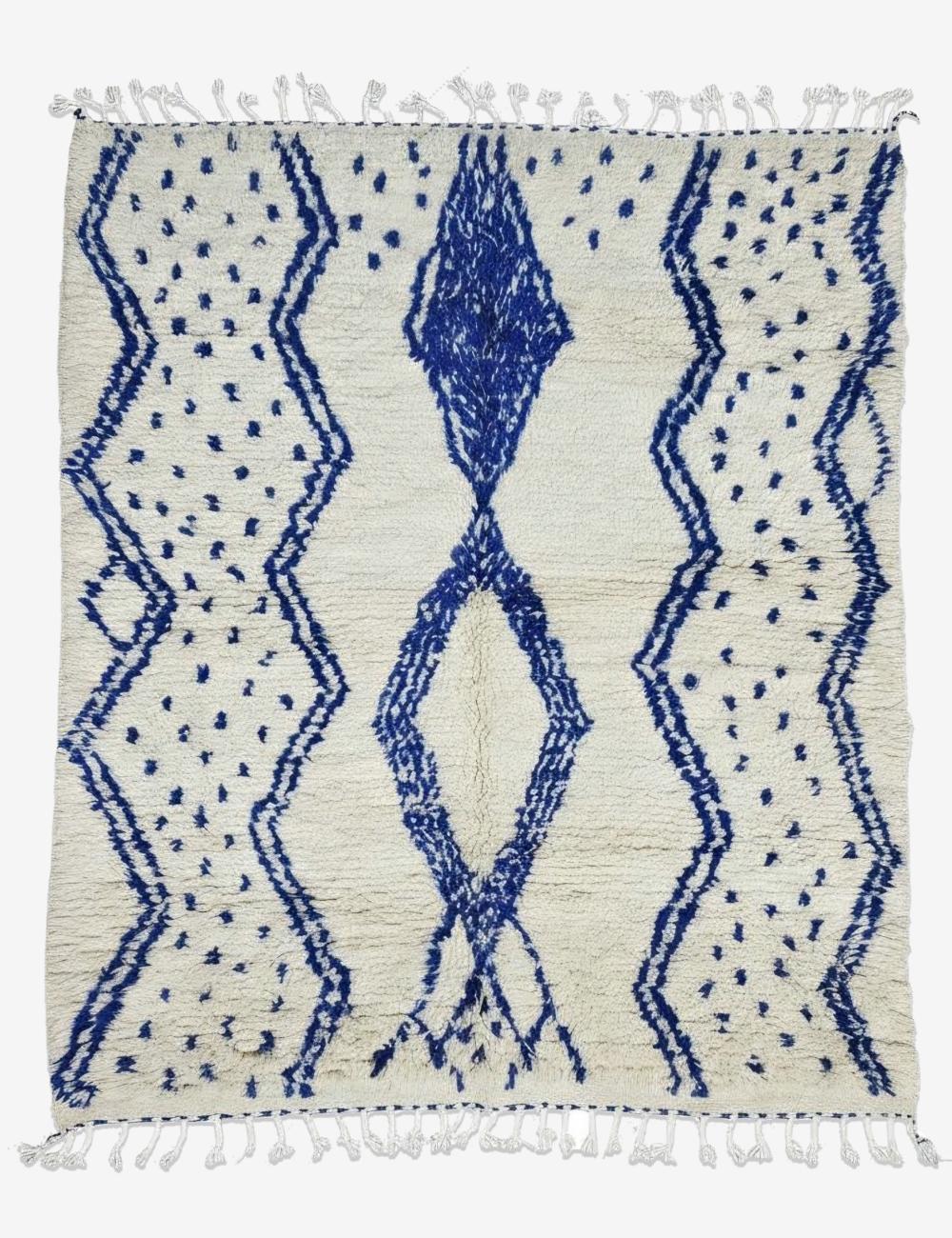 Ivory and Blue Azilal Wool Rug 7.4 x 6.1 ft / 225 x 186 cm