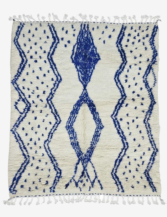 Ivory and Blue Azilal Wool Rug 7.4 x 6.1 ft / 225 x 186 cm