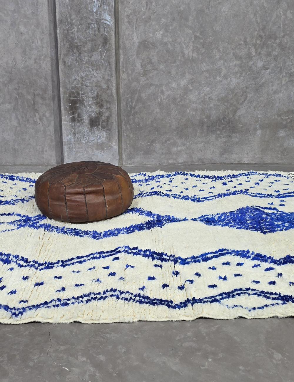 Ivory and Blue Azilal Wool Rug 7.4 x 6.1 ft / 225 x 186 cm